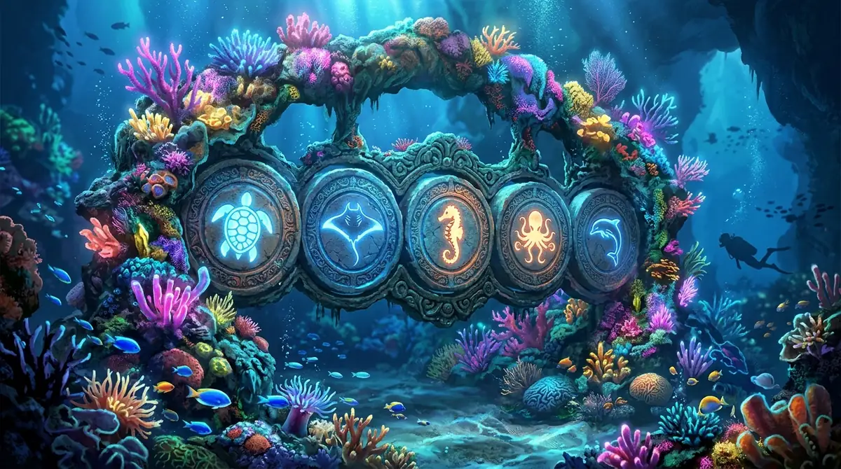 Glowing coral reef framing stone wheels