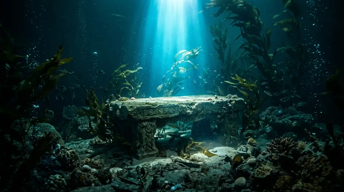 Ancient stone table in mystical blue light