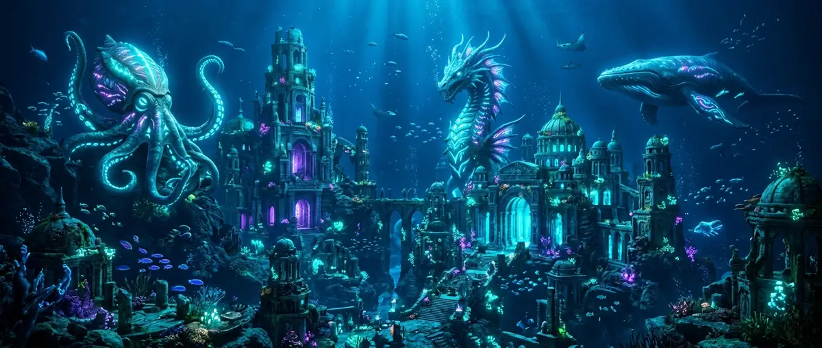 Glowing underwater ruined city